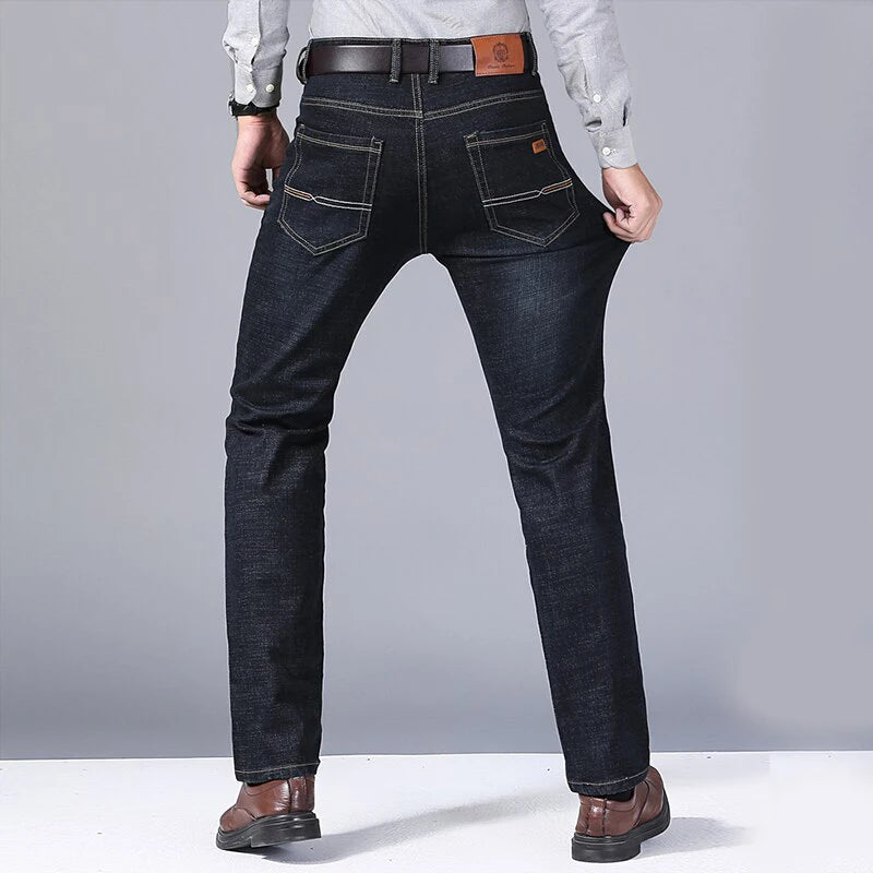 Calças jeans retas macias masculinas 2025 outono clássico negócios preto biker jeans macacão masculino pantalone hombre mannen homme