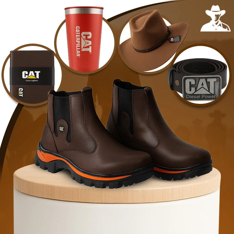 Bota Adventure em Couro Legítimo e Palmilha Ortopédica +BRINDES: Chapéu, Cinto, Carteira e Copo